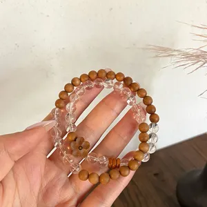 New Chinese Style Natural Clear Quartz White Crystal Sandalwood Wooden Beads Double Loop Bracelet Peach Blossom Flower Charm Strand Bracelet For Women Retro Elegant Handmade Jewelry Gift