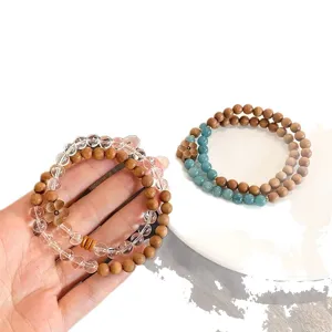 New Chinese retro wooden crystal double-layer bracelet elegant peach blossom floral women jewelry