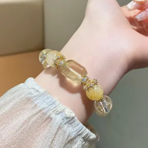Natural yellow crystal beaded bracelet with shiny rhinestone crown spacers for women.