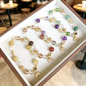 Sweet Fresh Rutilated Quartz Artificial Crystal Beaded Bracelet For Women Gold Color Leaf Pendant Copper Rhinestone Hand Jewelry Gift