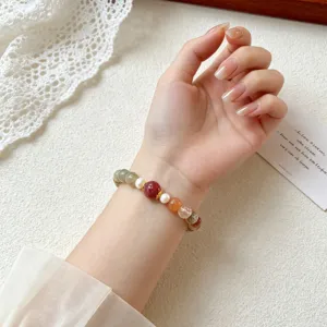 Multicolor rutilated quartz crystal bracelet with pearls elegant gemstone jewelry for women