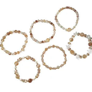 Yellow crystal bead bracelet set, retro style gemstone stretch jewelry for women daily.