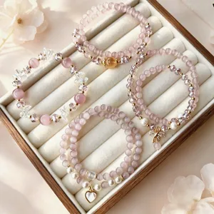 Bracelet Perlé Nouveau Style Chinois Oeil de Chat Synthétique Violet Double Couche Avec Pendentif Papillon Coeur Noeud pour Femme Bijoux de Mode