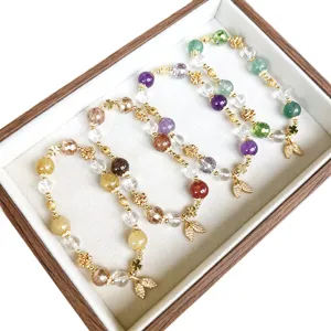 Elegant crystal gemstone bracelet set with gold leaf pendant, sweet and fresh style for women.