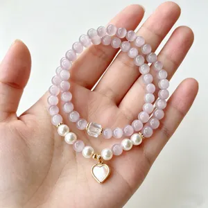 Bracelet de perles double couche en pierre d'œil de chat violet doux avec pendentif cœur