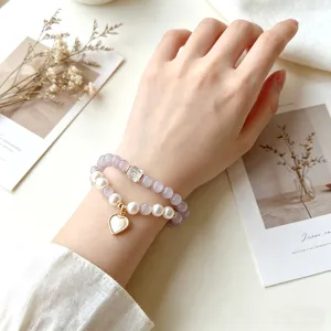 Doux bracelet double couche en pierre d'œil de chat violet et perles avec pendentif cœur