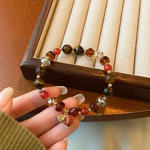 Bracelet en perles de pierre d'œil de tigre naturelle rétro avec pendentif gourde.