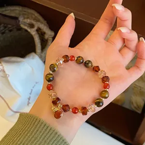 Bracelet de perles en pierre œil de tigre style rétro chinois pendentif gourde bijoux