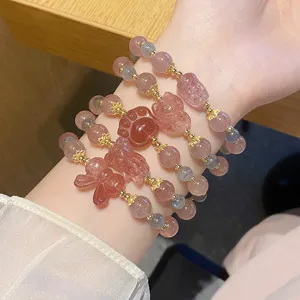 Süßes Erdbeerquarz Grau Mondstein Perlenarmband Für Damen Vergoldet Handgefertigt Charm Armband Prinzessin Stil Schmuck Geschenk