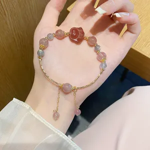 Süßes Erdbeerquarz Graumondstein Armband ästhetischer Kristall Schmuck für Damen Geschenk