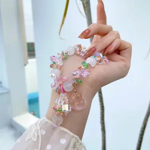 Bracelet de renard en cristal rose scintillant, bijoux de poignet de perles style fée doux.