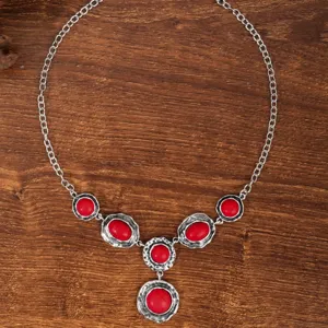 Vintage Boheemse rode steen zilveren ketting ketting dames etnische geometrische sieraden
