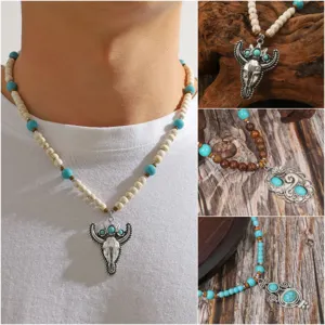 Vintage Ethnic Turquoise Beaded Necklace Long Carved Bull Head Pendant Handmade Wooden Beads Electroplated Alloy Pendant Jewelry For Women Men