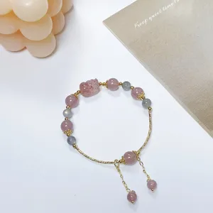 Süßes Erdbeerquarz Labradorit Armband mit Bär Anhänger Prinzessin Stil Schmuck Geschenk