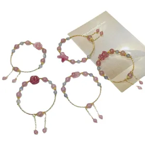Süßes Erdbeer-Quarz und Graumondstein Armband mit Bären Anhänger für Damen Schmuck Geschenk.