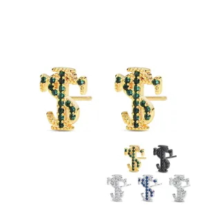 Hip Hop Dollar Sign Copper Stud Earrings For Men Shiny Rhinestone Inlaid Punk Street Style Gold Silver Black Color Ear Jewelry