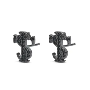 Detailed view of black metal dollar sign stud earrings with black cubic zirconia for men hip-hop.