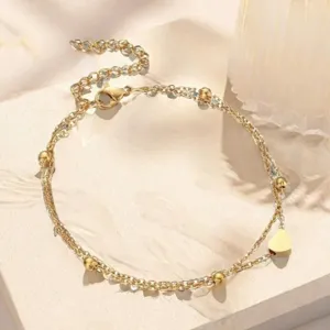 Gold double layer heart anklet minimalist smooth beach ankle bracelet for women fashion