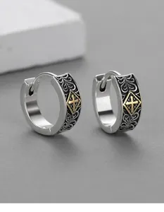Vintage silver cross hoop earrings for men, retro engraved hip hop rock style detail view.