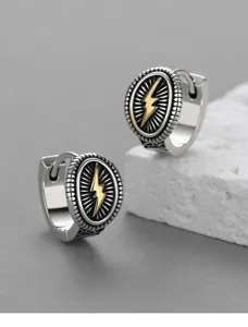 Men vintage lightning bolt hoop earrings stainless steel punk hip hop fashion jewelry detail