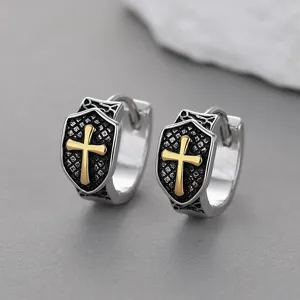 Men vintage cross hoop earrings retro hip hop shield earrings stylish fashion jewelry