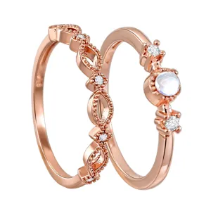 Mondstein Ring Set Zweiteilig Roségold Hohl Zirkon Damen Mode Trend Fingerring Schmuck