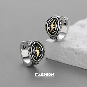 Vintage silver hoop earrings for men with gold lightning bolt design, hip hop jewelry.