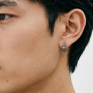 Retro men's silver hoop earrings with gold cross detail, trendy hip-hop style fashion jewelry.