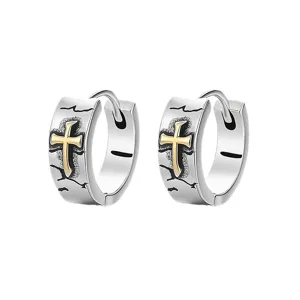 Vintage silver gold cross hoop earrings for men hip hop punk style fashion jewelry gift