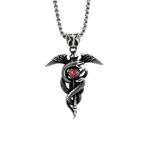 Heren Hermes caduceus slangen hanger ketting met rode edelsteen zilveren sieraden