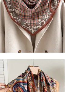 Retro paisley plaid square scarf, soft cotton linen material, elegant autumn spring shawl.