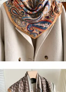 Detail view of a vintage yellow paisley cotton linen small square scarf with floral patterns.
