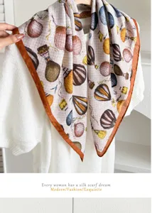 Vintage hot air balloon print cotton linen square scarf for women, elegant daily accessory.