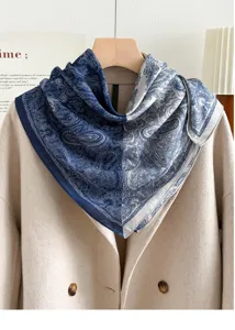 Blue white paisley print square scarf elegant neckerchief for women fashion accessory detail view.