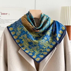 Blue oil painting art print square silk scarf for women spring autumn daily wear