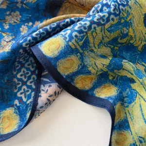 Blue oil painting Van Gogh style women silk scarf elegant square shawl for spring and autumn.