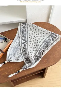Retro paisley beaded diamond cotton linen scarf stylish triangular kerchief for summer women.