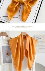 Elegant orange silk square scarf for women, silky satin satin neckerchief for daily wear.