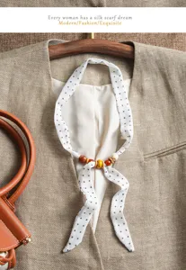 Vintage polka dot silk scarf ribbon with wooden beads, elegant neck wrap detail view.