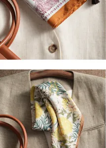 Detailed view of handmade vintage paisley and floral print cotton linen small square scarf.