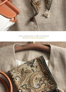 Paisley silk scarf square retro neckerchief with tassels detail view for women fashion wear.