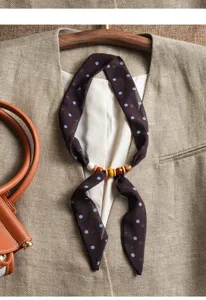 Vintage polka dot silk ribbon scarf with wood beads women elegant neck wrap spring autumn