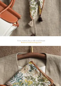 Detailed view of vintage botanical silk scarf with elegant tassels, premium linen fabric.