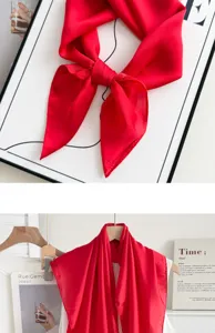 Classic red imitation silk square scarf for women, elegant solid color thin neckerchief.