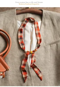 Vintage plaid silk scarf ribbon with wooden beads, elegant accessory for women spring autumn.