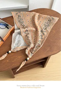 Retro paisley print beaded triangular cotton linen silk scarf for women summer beach travel.