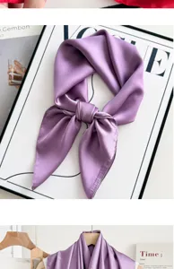 Purple satin silk square scarf, smooth lightweight neckerchief for women fashion accessory detail.