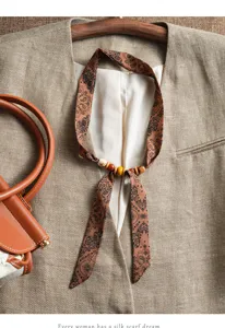 Retro wooden bead silk scarf women versatile ribbon neck guard elegant spring autumn fashion accessory