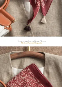 Handmade paisley cotton-linen square scarf with delicate tassels, elegant double-sided neckerchief.