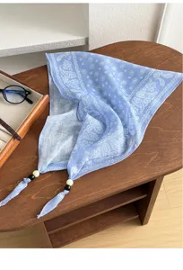 Vintage blue paisley bandana scarf with bead tassels, cotton linen triangle kerchief for women.